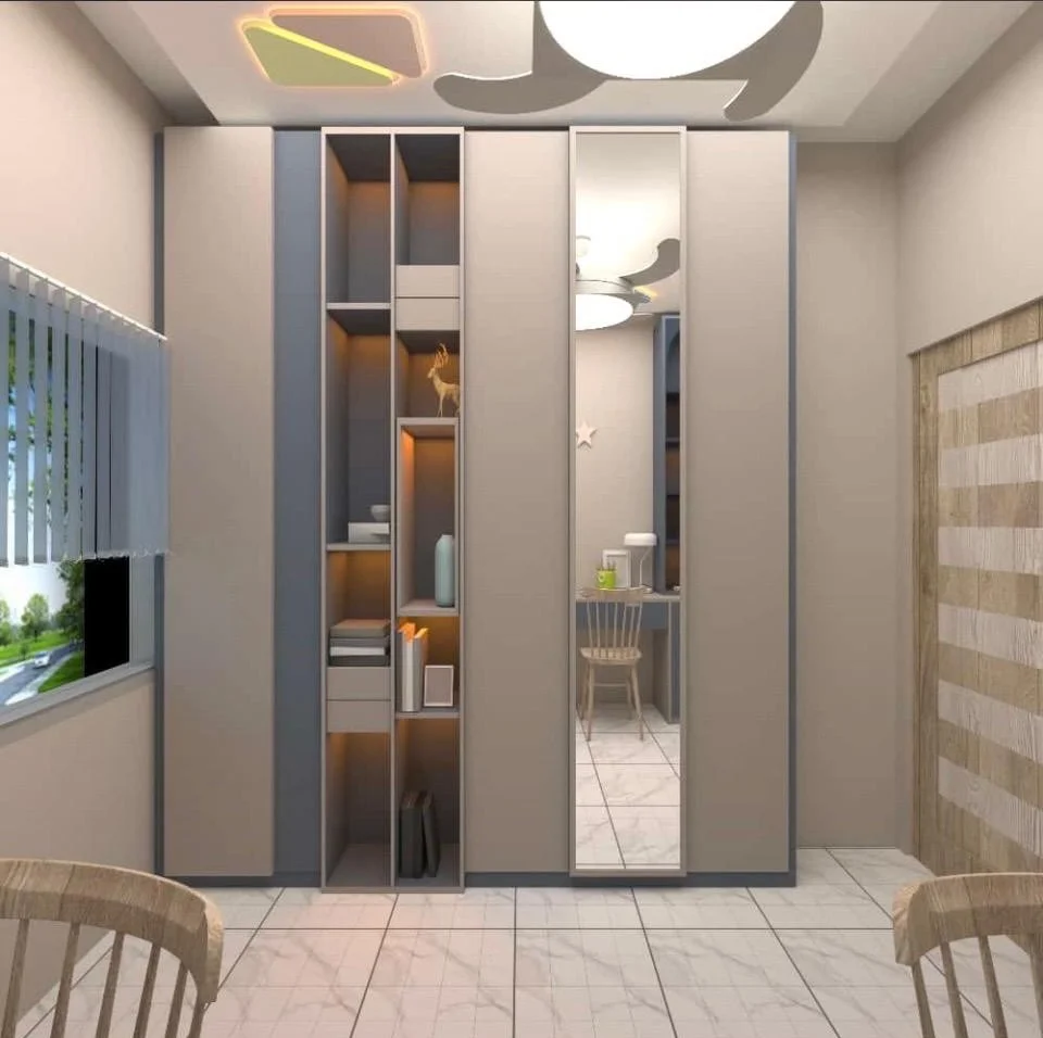 Beige wardrobe with mirror, integrated shelving, and accent lighting. Modern interior design.