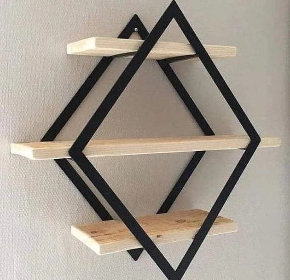 Diamond-shaped wall shelf with wood shelves and a black metal frame.