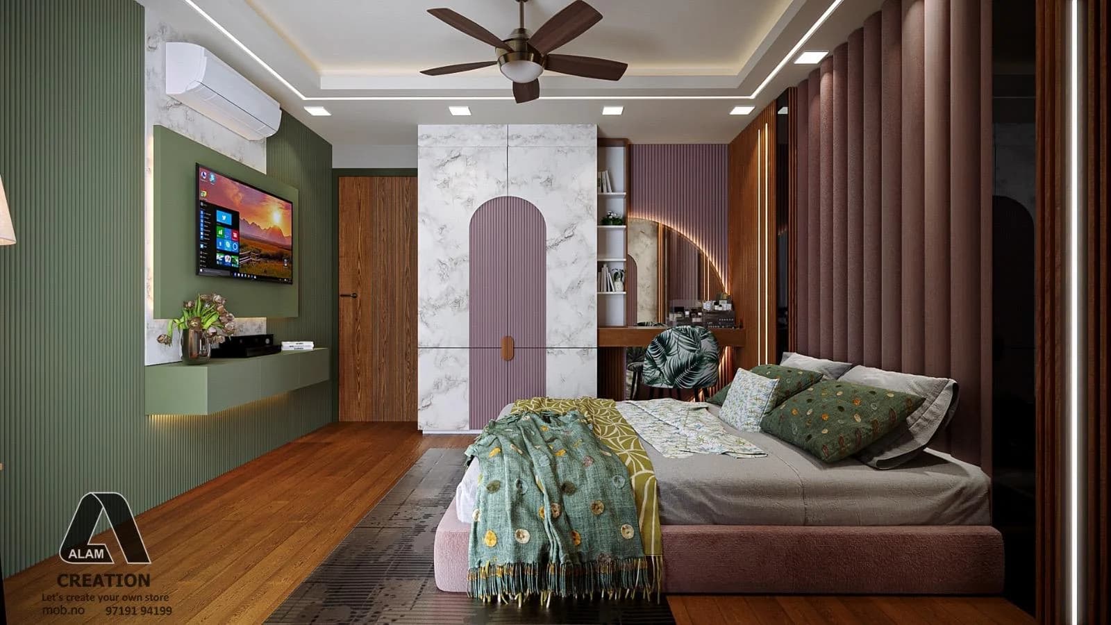 Modern bedroom design with green and purple details, including a stylish bed, marble wardrobe, and sleek TV console.