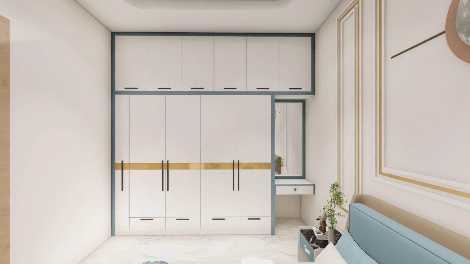 Modern bedroom with built-in white wardrobe, gold accents, and vanity.