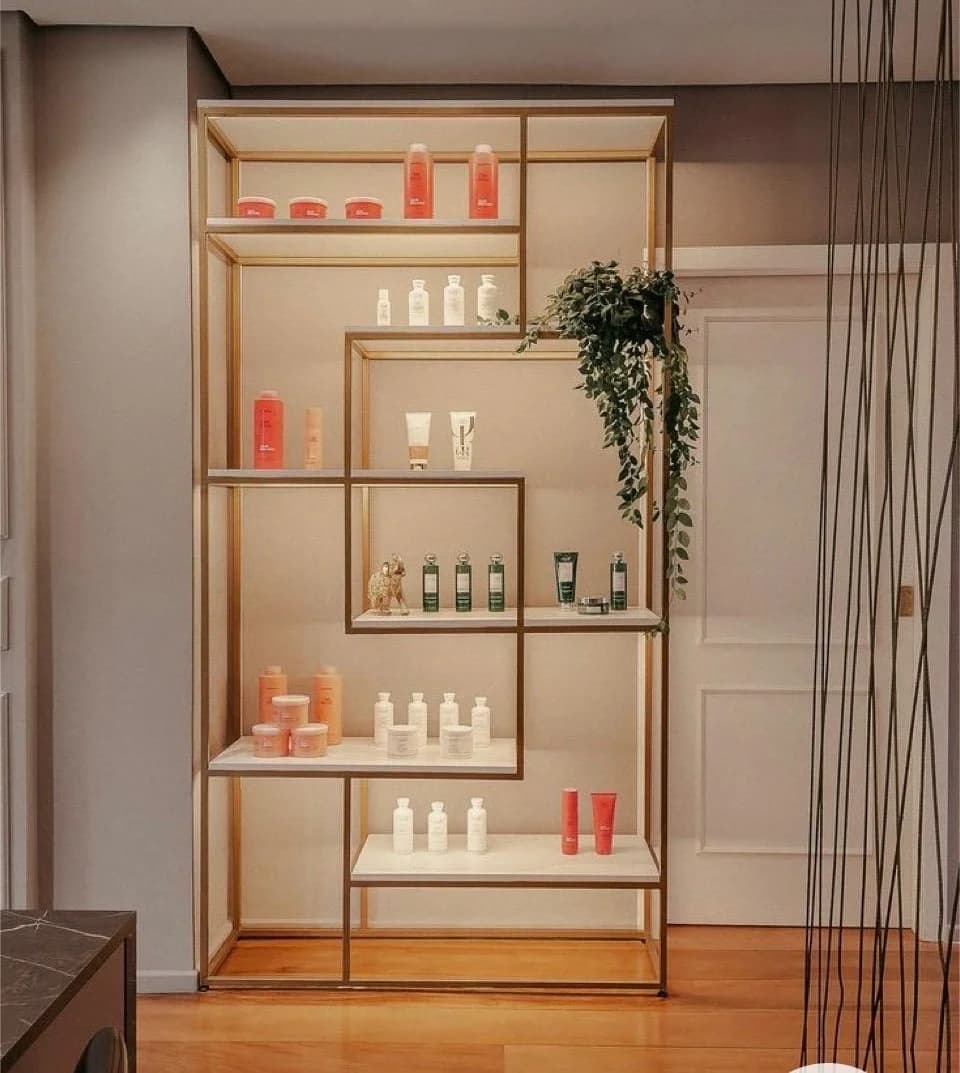 Modern gold shelving unit displaying skincare public/products and a trailing plant.