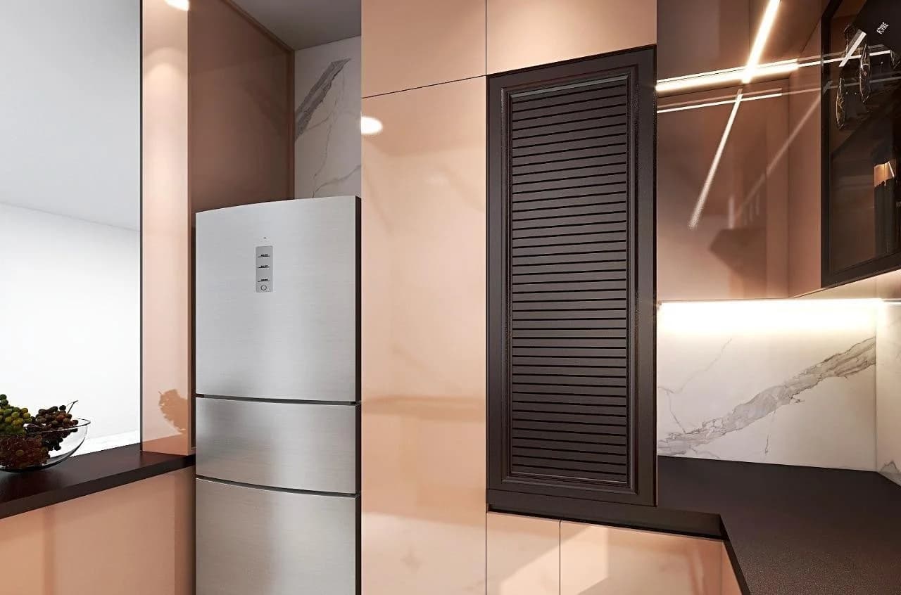Modern kitchen with copper cabinets, stainless refrigerator, and dark brown shutters.