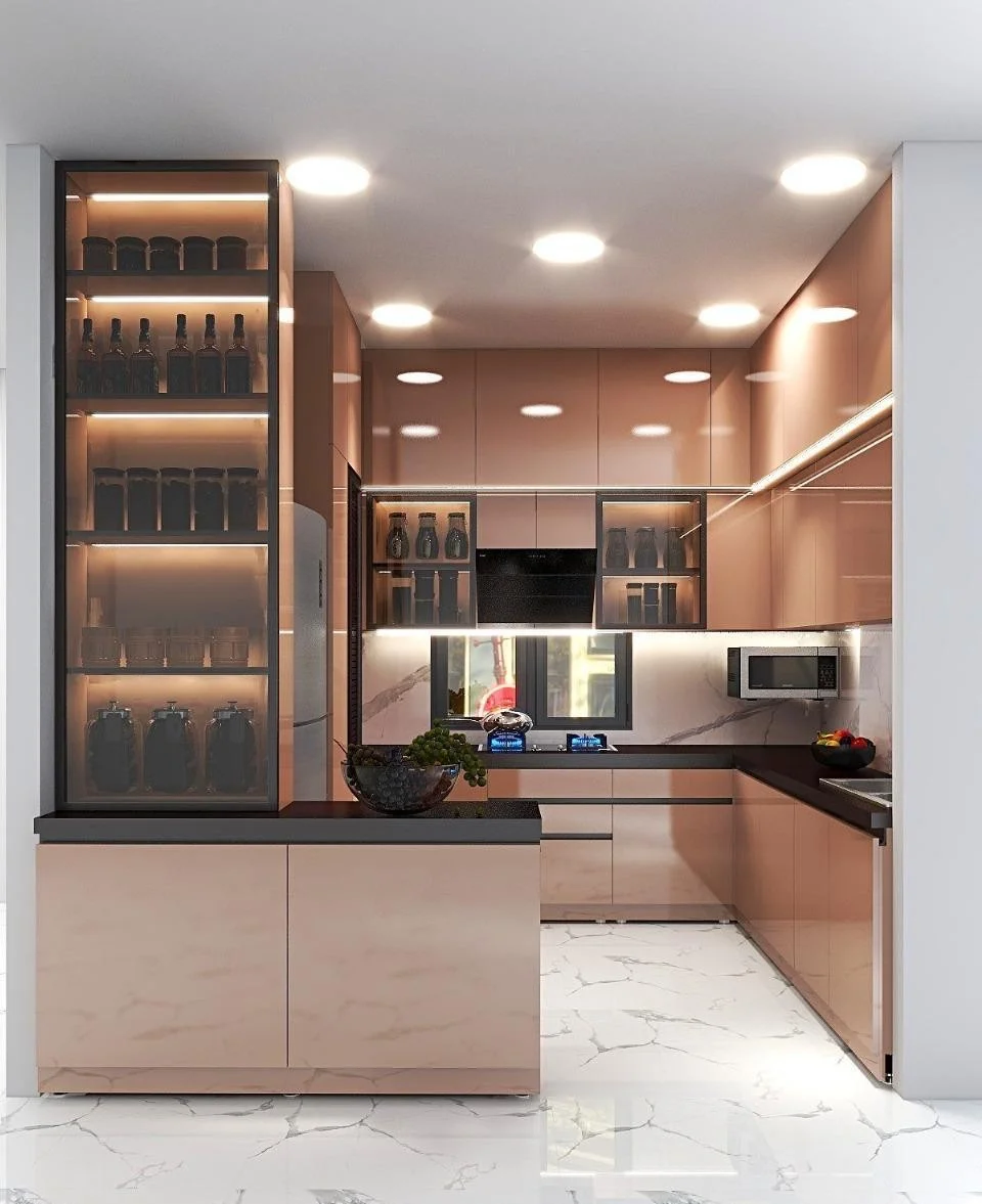Modern kitchen with rose gold cabinets, marble floors, and glass display shelving.
