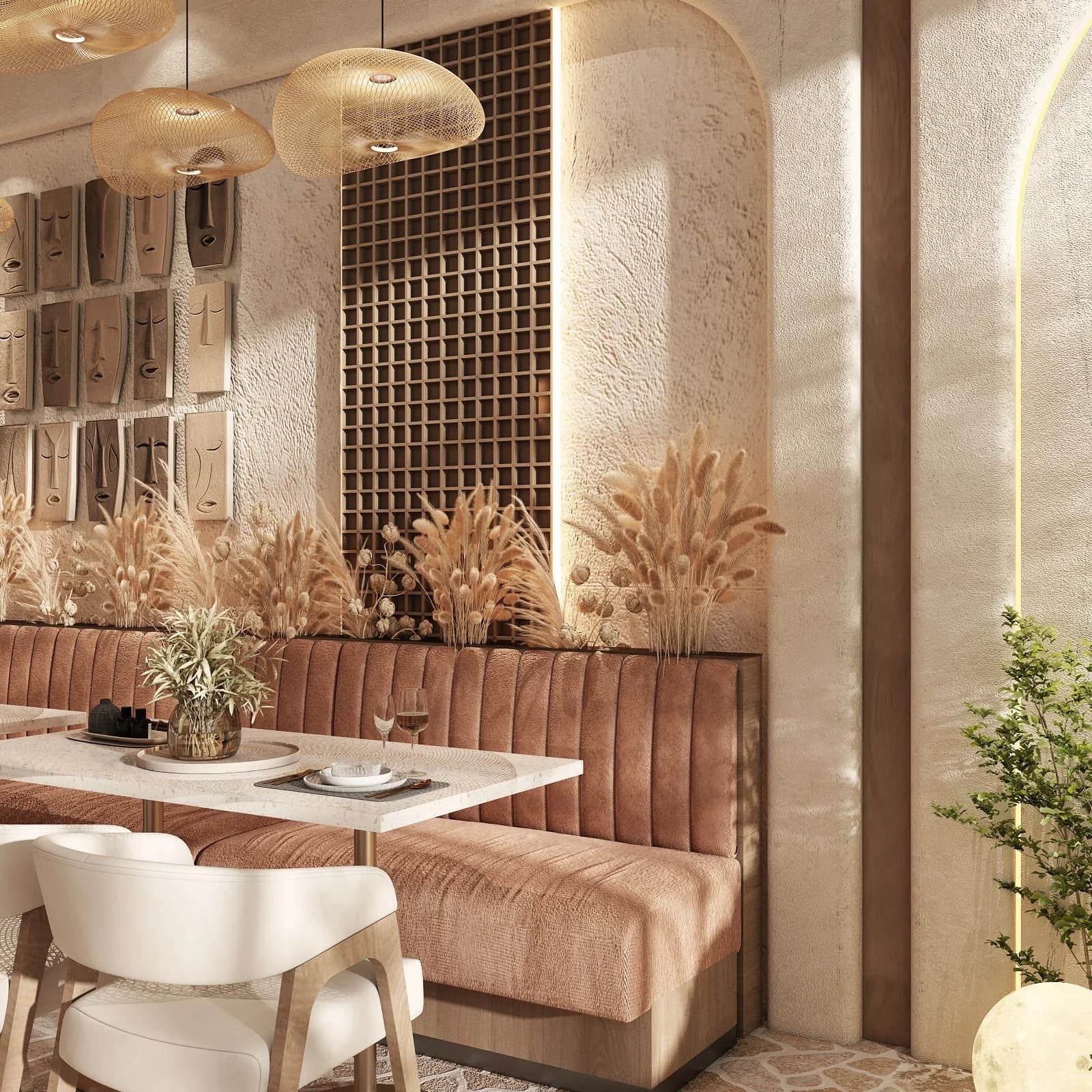 Bohemian style restaurant dining nook with textured walls, decorative masks, and cozy seating.