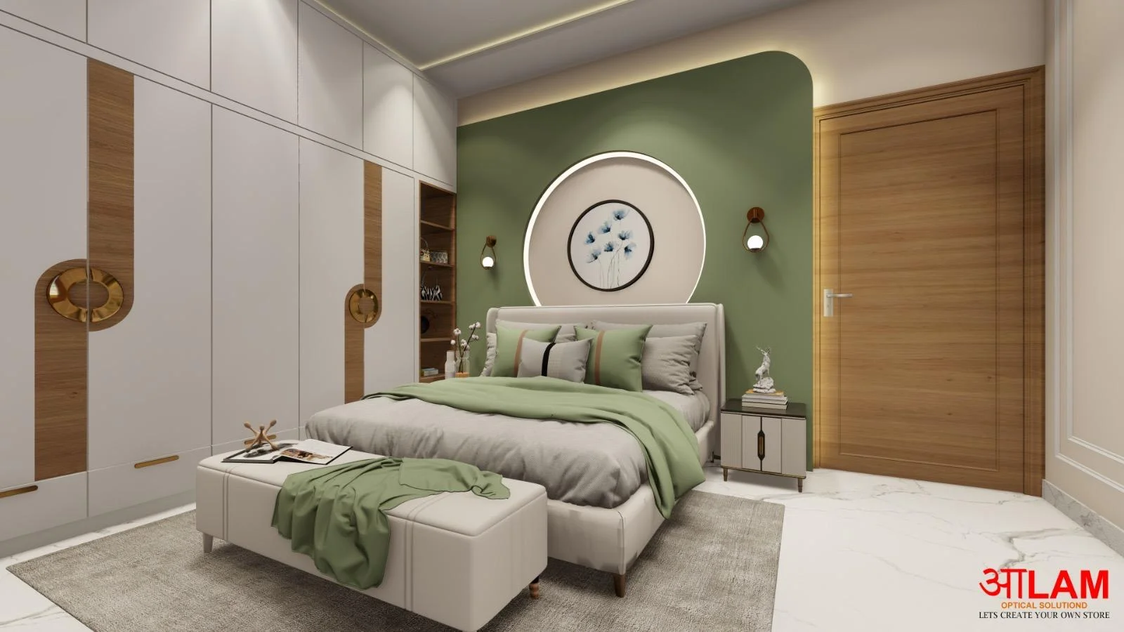 Modern bedroom with sage green accent wall, linen bedding, and white wardrobe with gold hardware.