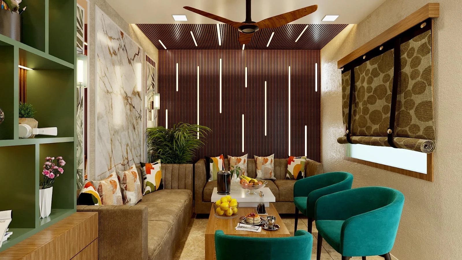Inviting living room with brown slat wall, brown sofa, and emerald green chairs.